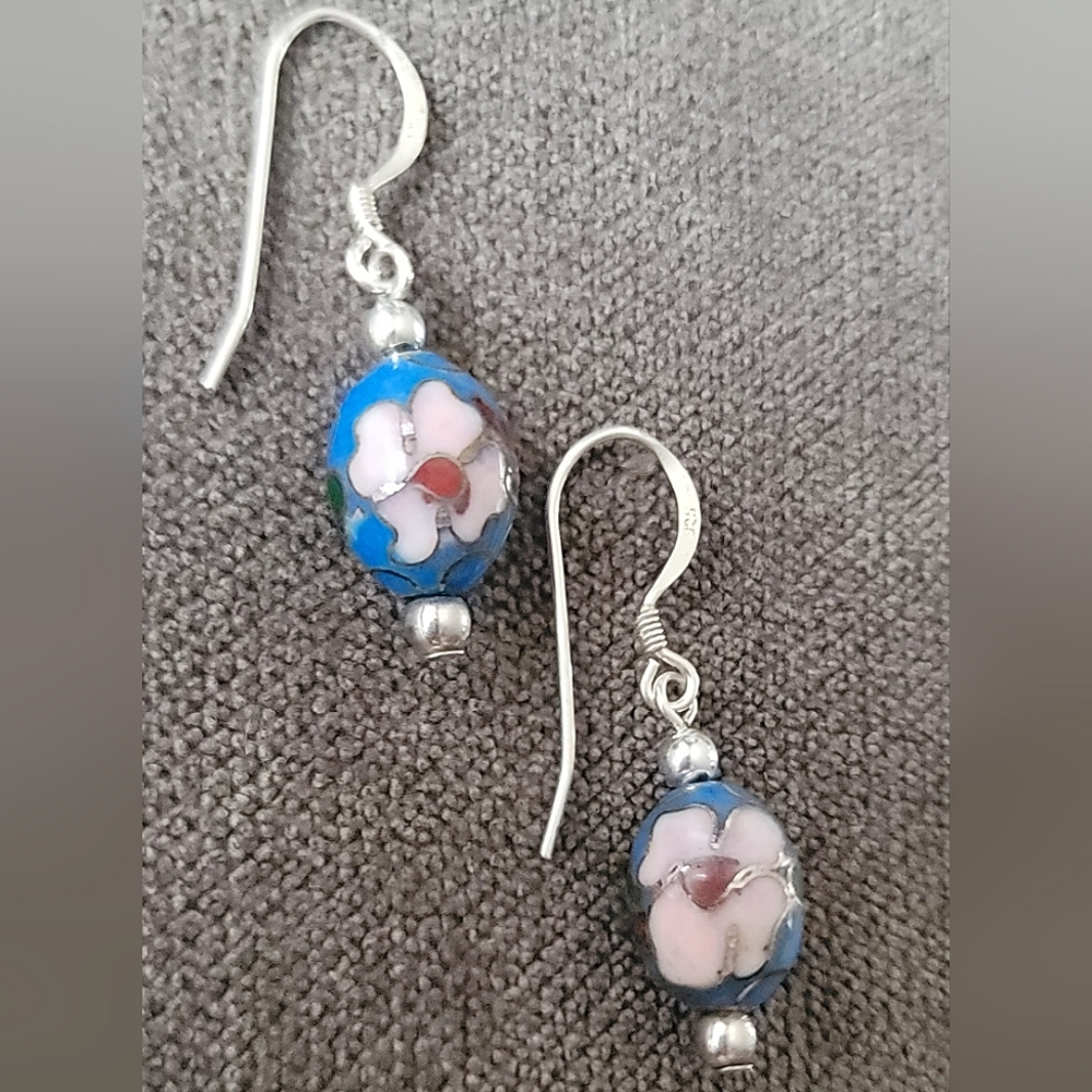 Sterling Silver Cloissone Drop Earrings